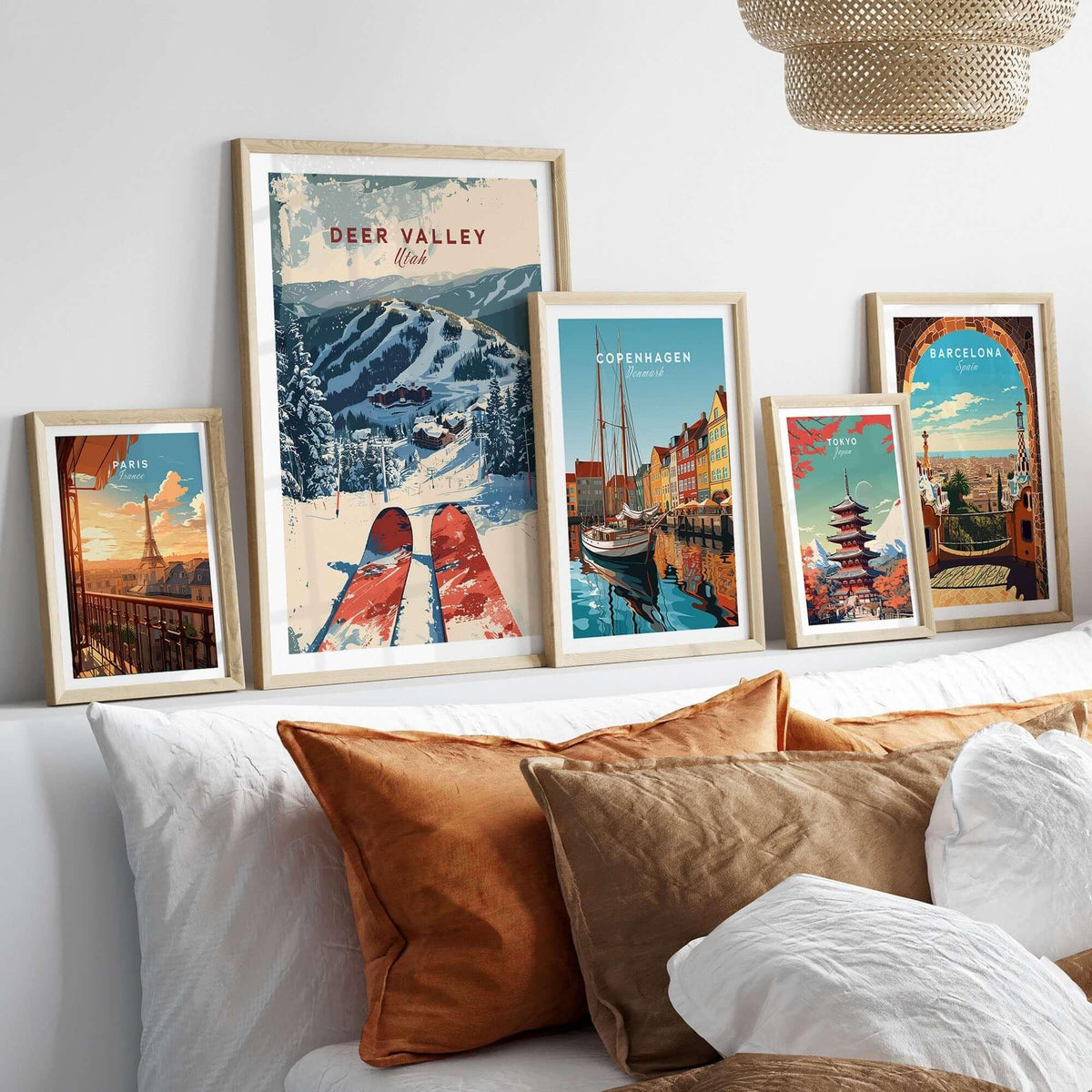 Deer Valley Ski Poster alongside other city posters in a cozy home decor setting.