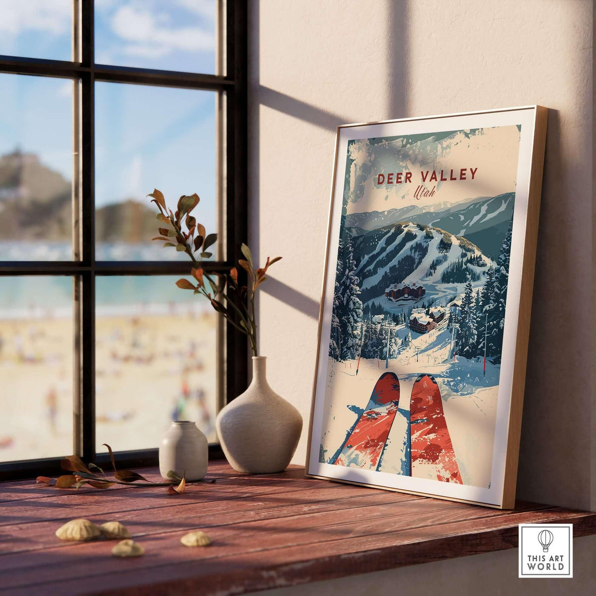 Deer Valley Ski Poster framed on a windowsill with a beautiful view, highlighting skiing culture and home decor.