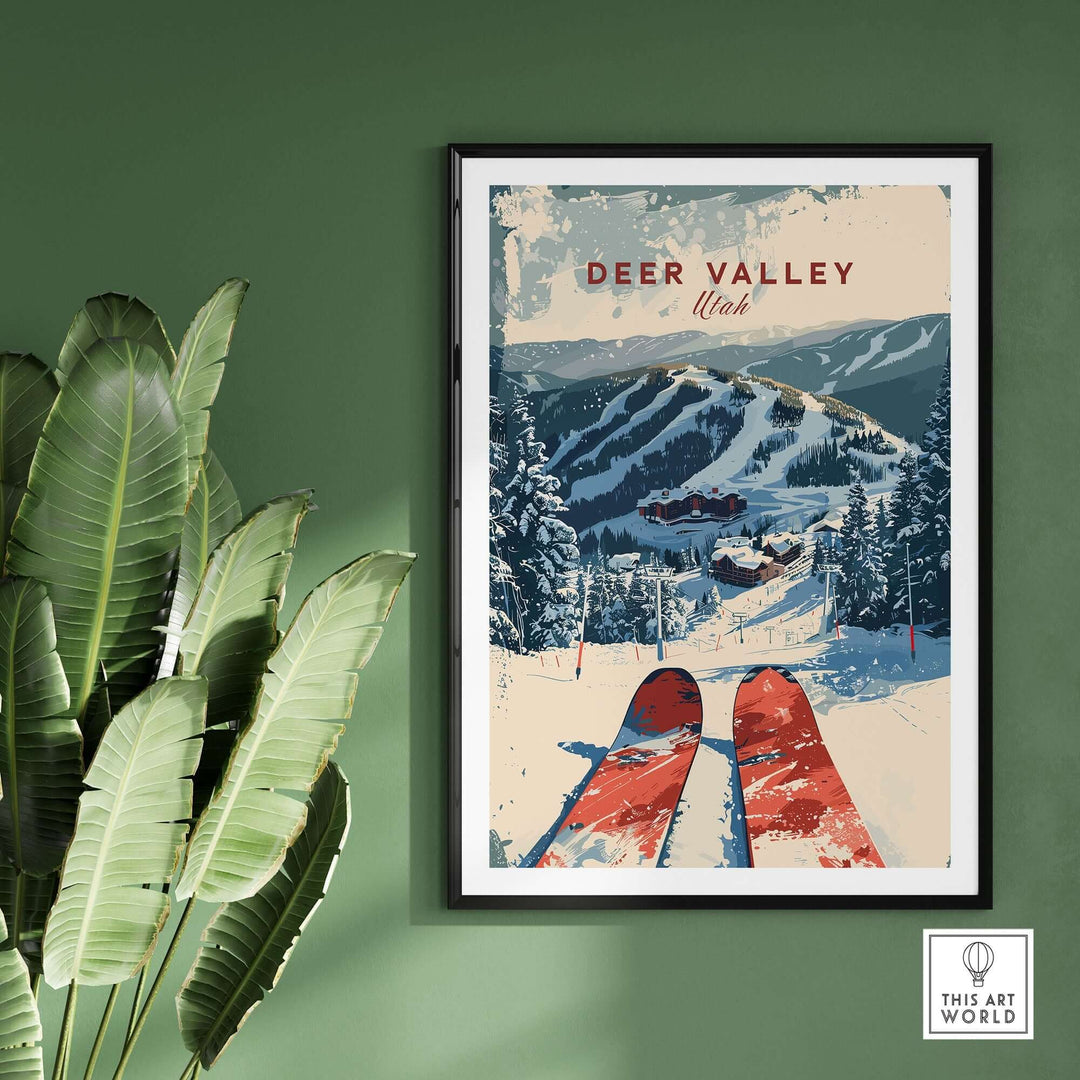 Vintage Deer Valley ski poster featuring snowy slopes and red skis, adding charm to any room. Perfect for ski enthusiasts.