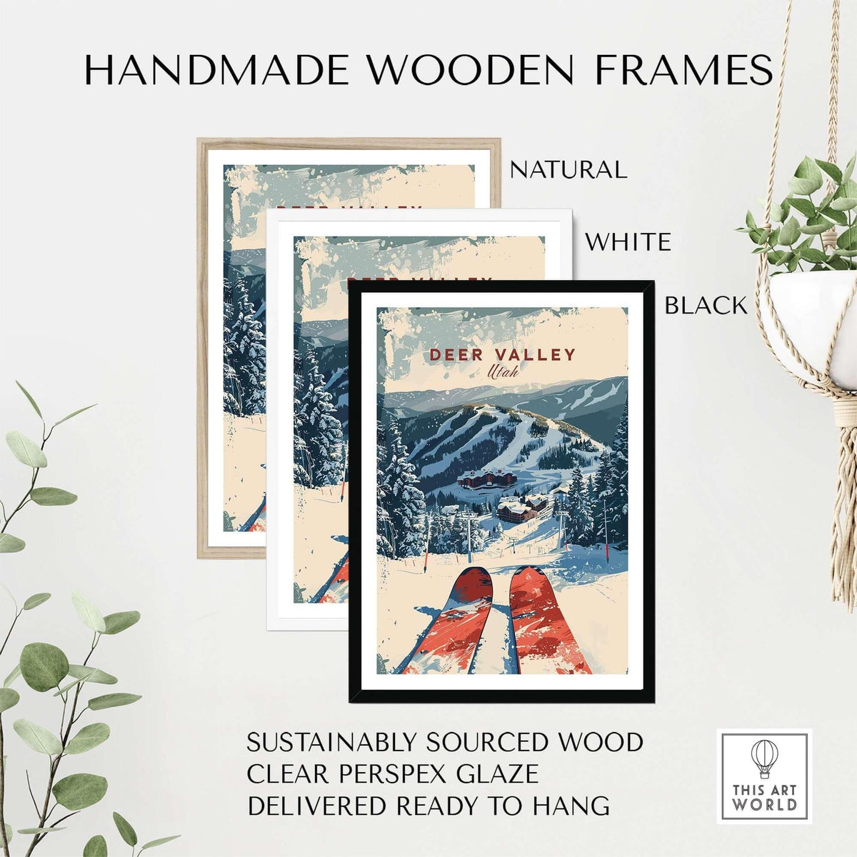 Deer Valley Ski Poster in handmade wooden frames available in natural, white, and black colors.