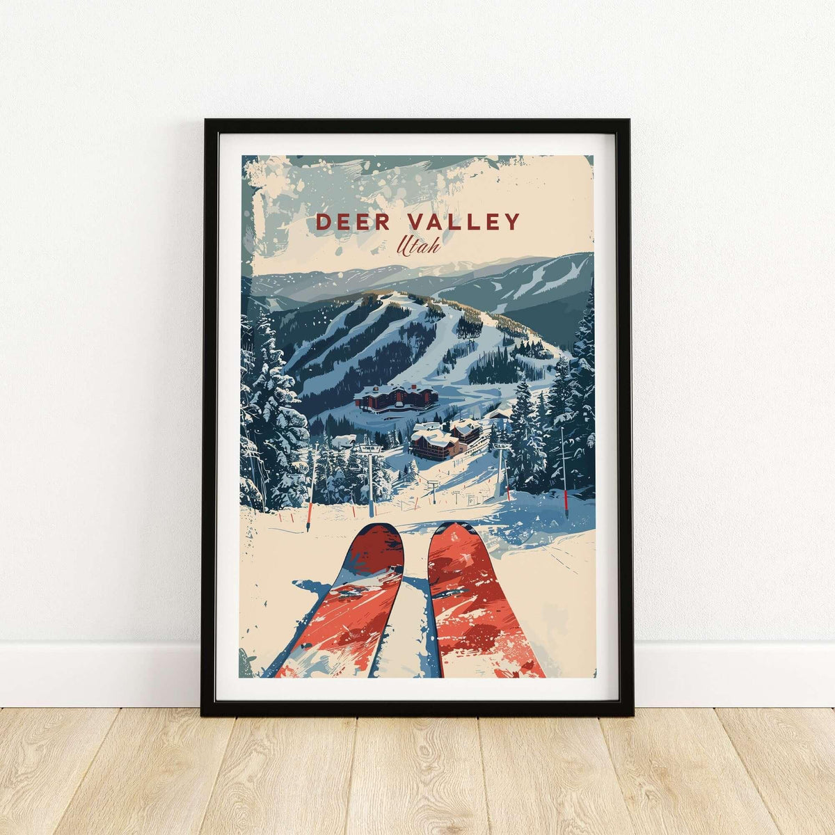 Deer Valley Ski Poster featuring a stunning view of snowy slopes and ski gear in a stylish frame.