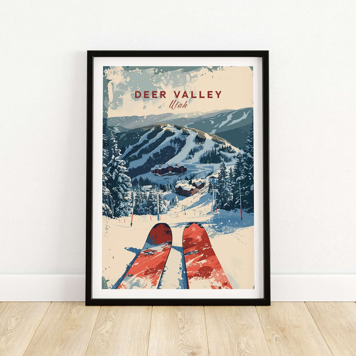 Vintage Deer Valley Utah ski poster with red skis overlooking snowy mountain slopes, perfect for winter sports enthusiasts.