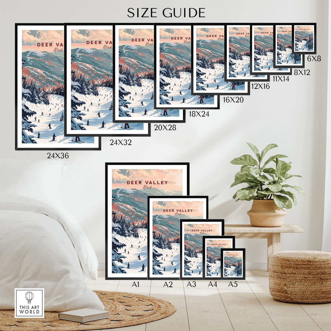 Size guide for Deer Valley Ski Print showcasing various frame sizes and art arrangement for home decor.