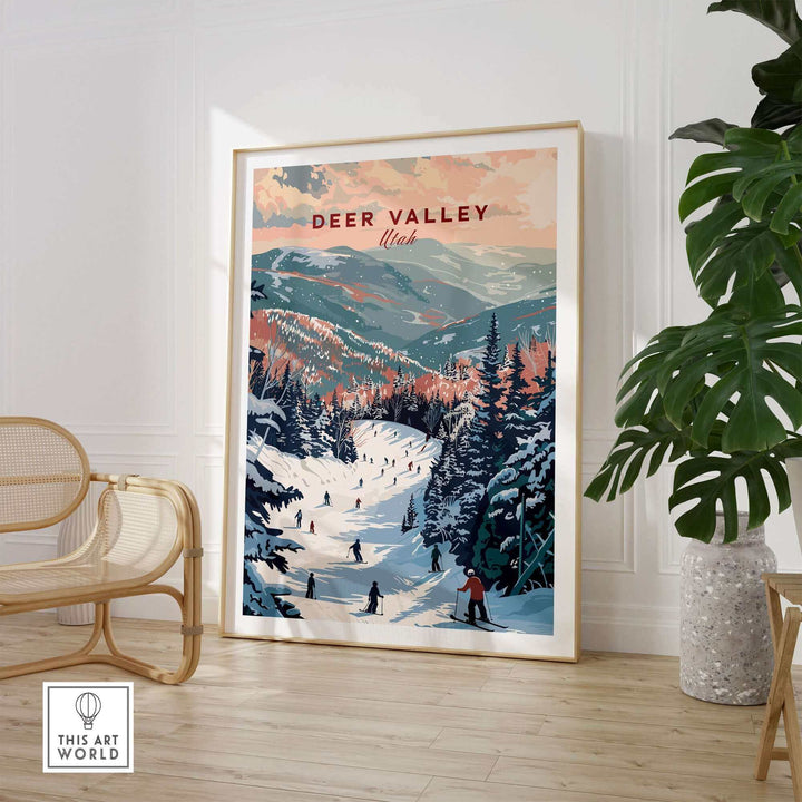 Deer Valley Ski Print featuring skiers on snowy slopes in a beautifully designed Utah landscape. Perfect for home decor inspiration.