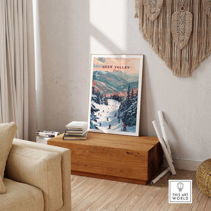 Deer Valley ski print displayed in a cozy room, showcasing snowy mountains and skiers, perfect for adventure-themed decor.