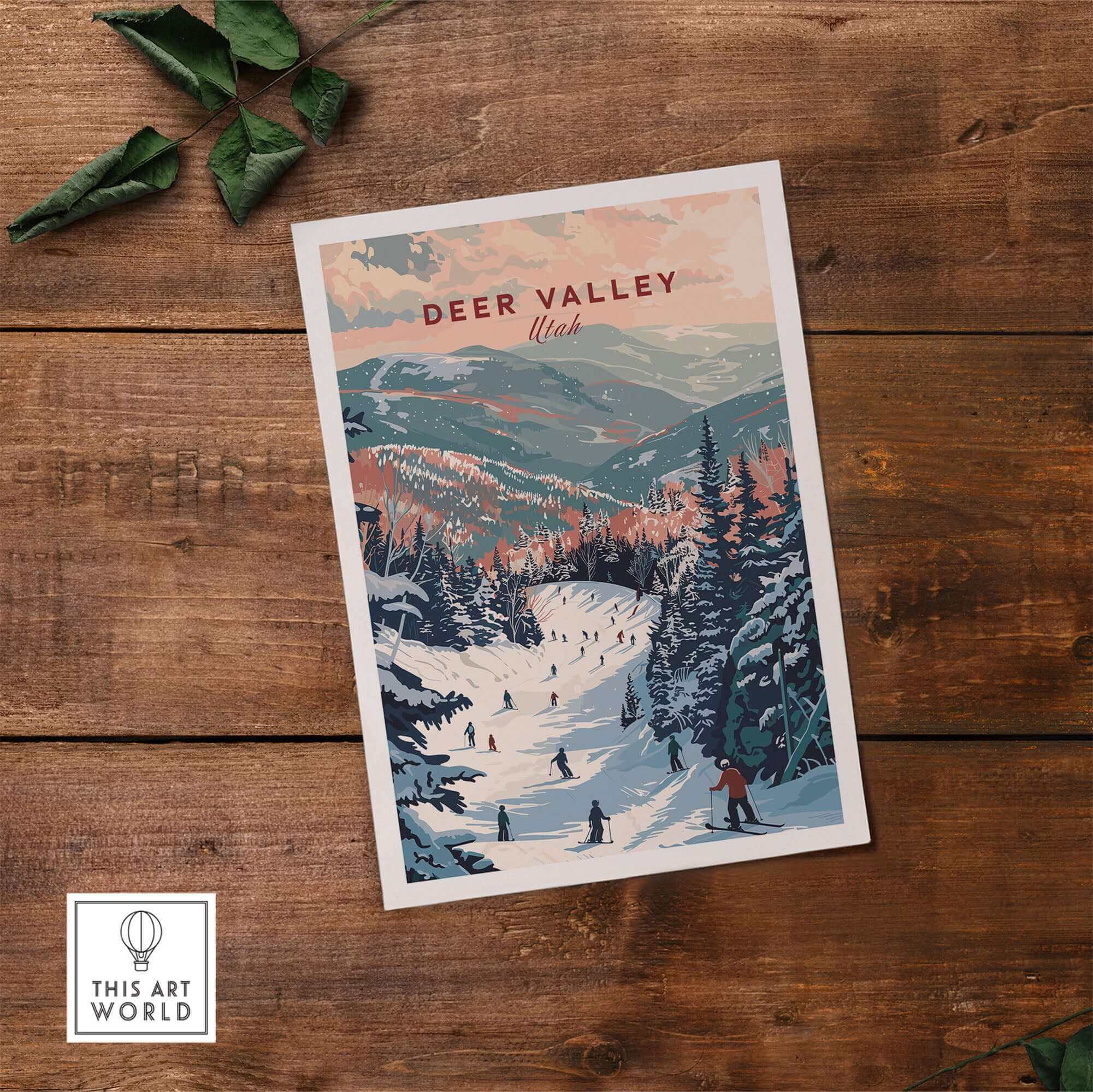 Deer Valley ski print featuring snowy slopes and skiers, capturing the beauty of Utah's winter landscape.