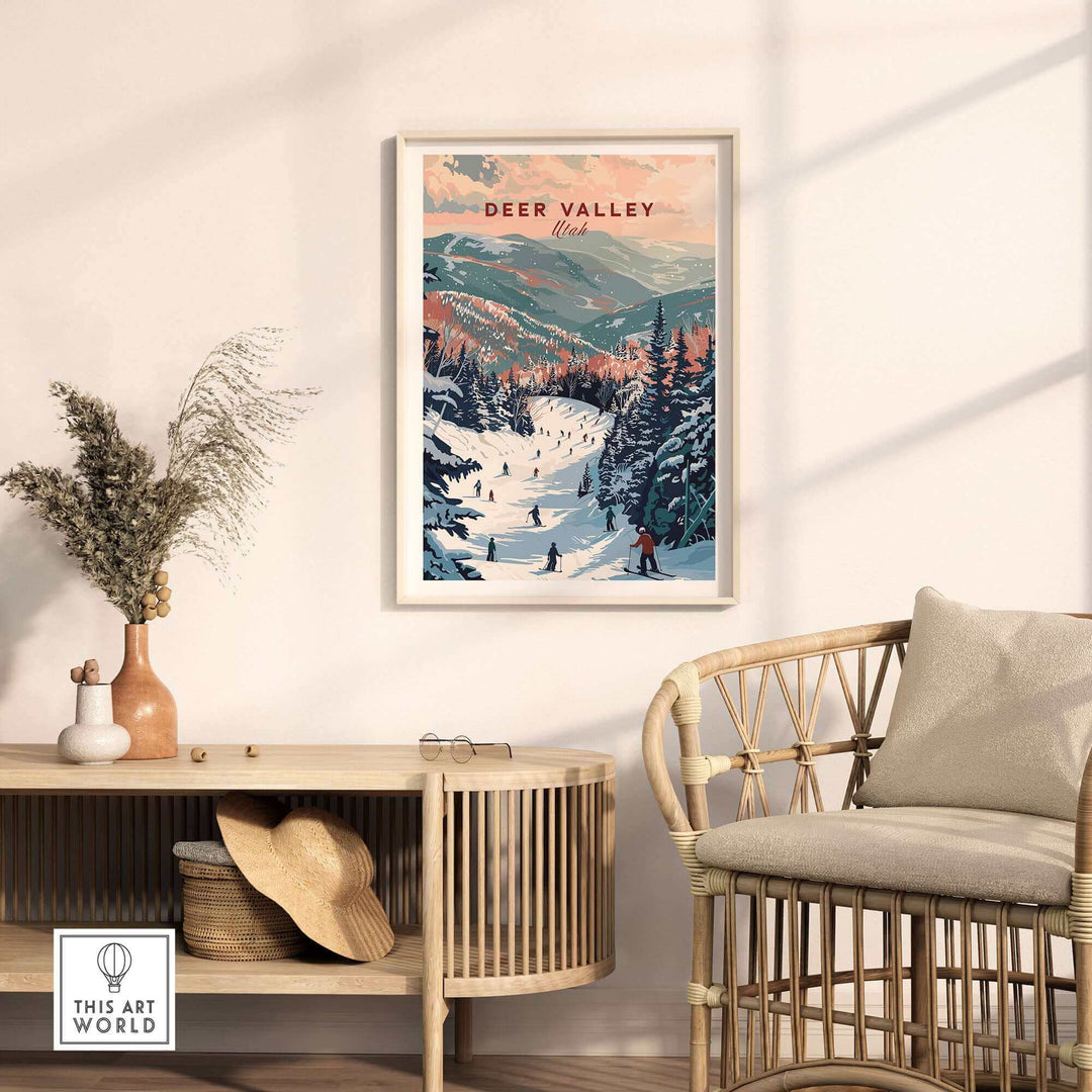 Deer Valley ski print showcasing winter slopes in Utah, framed and displayed in a cozy interior setting.