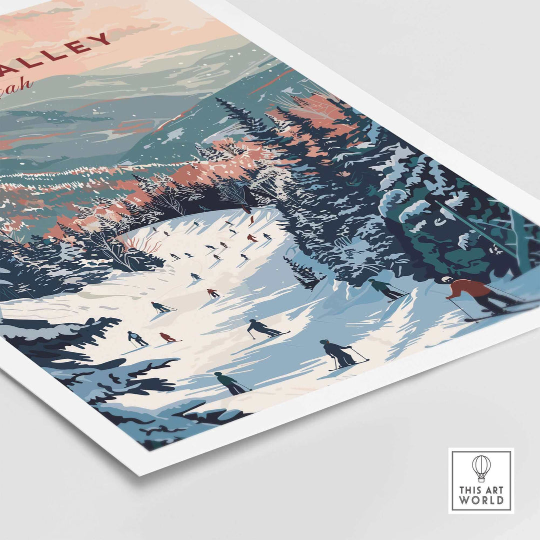 Deer Valley ski print showcasing vibrant slopes and skiers in a picturesque Utah winter landscape. Perfect for ski enthusiasts.