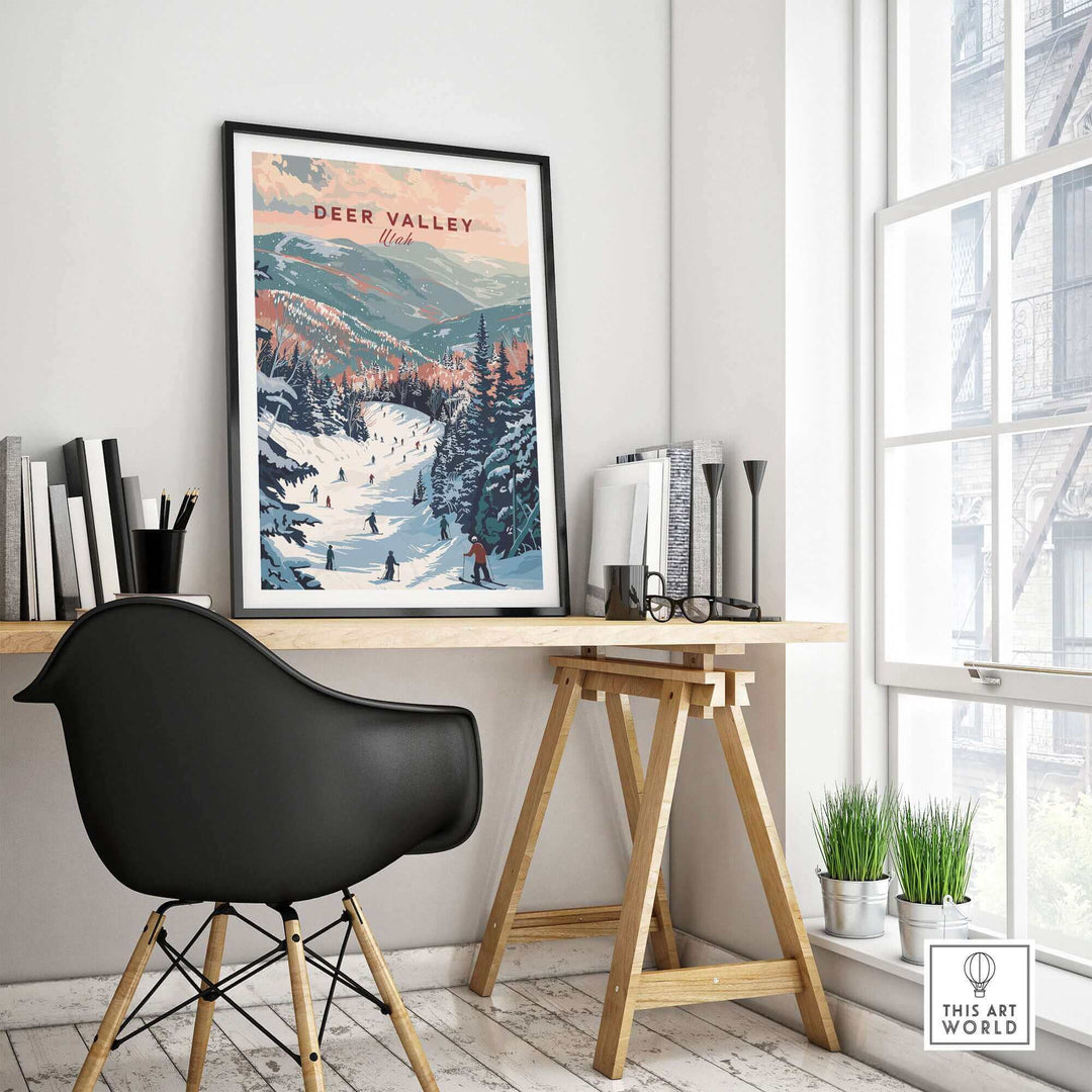 Deer Valley ski print displayed in a modern workspace, capturing the beauty of Utah's slopes and mountain scenery.