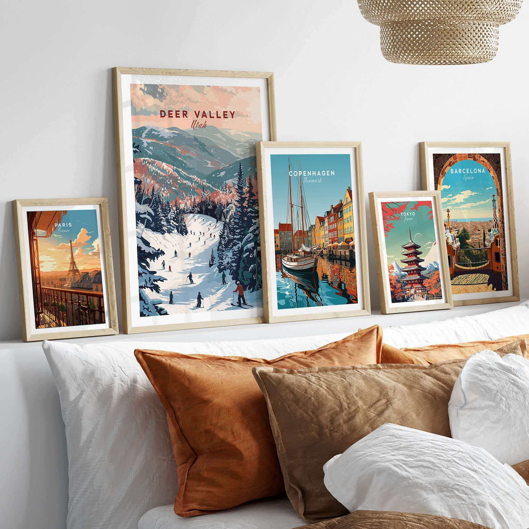 Deer Valley ski print among travel posters, enhancing a cozy bedroom decor with adventure and travel inspiration.