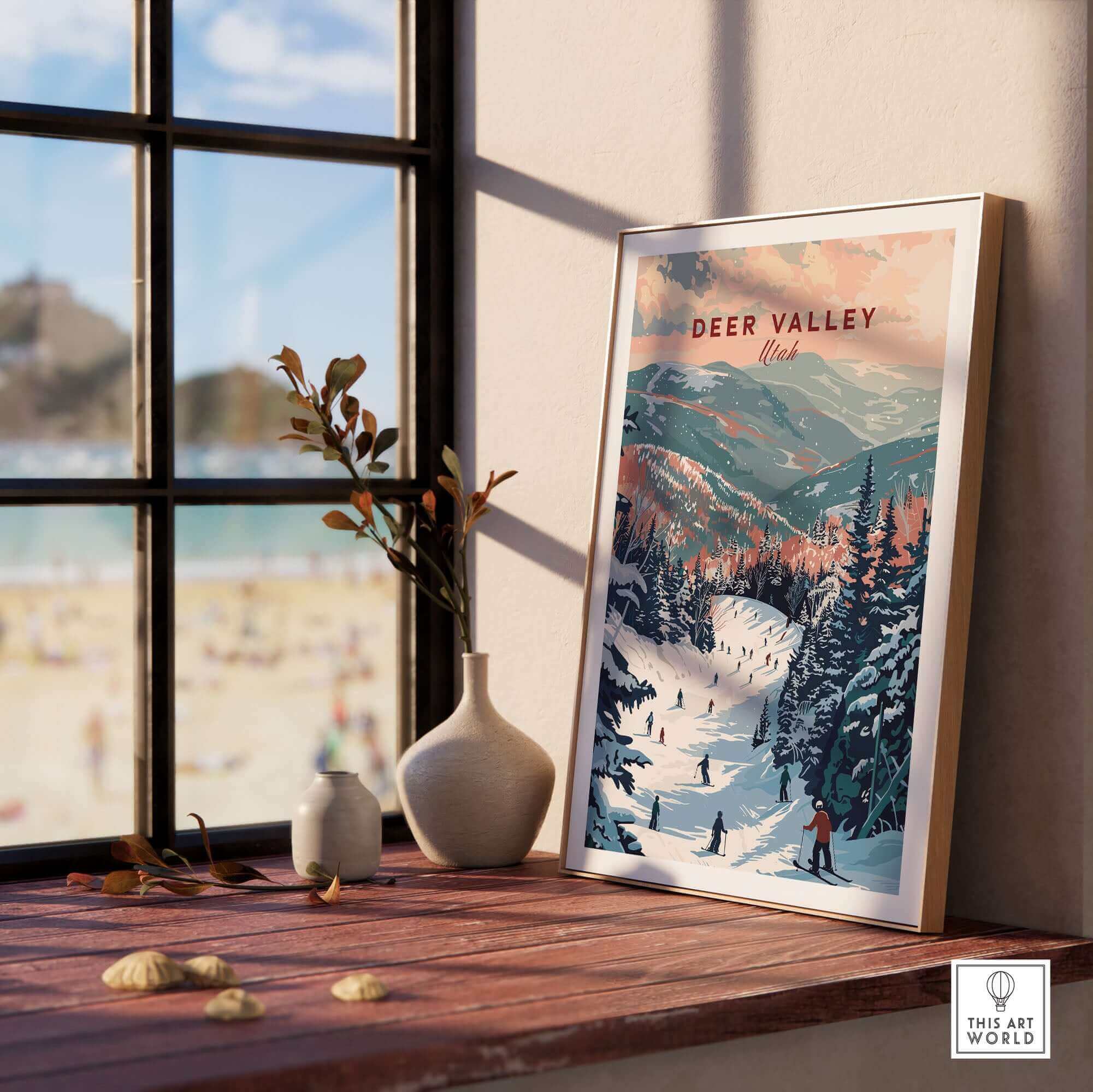 Deer Valley ski print displayed on a windowsill, showcasing snowy mountains and skiers, perfect for winter decor.