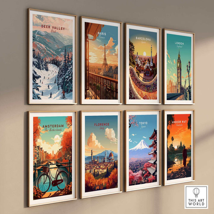 Deer Valley ski print among cityscapes of Paris, Barcelona, London, Amsterdam, Florence, Tokyo, and Angkor Wat.