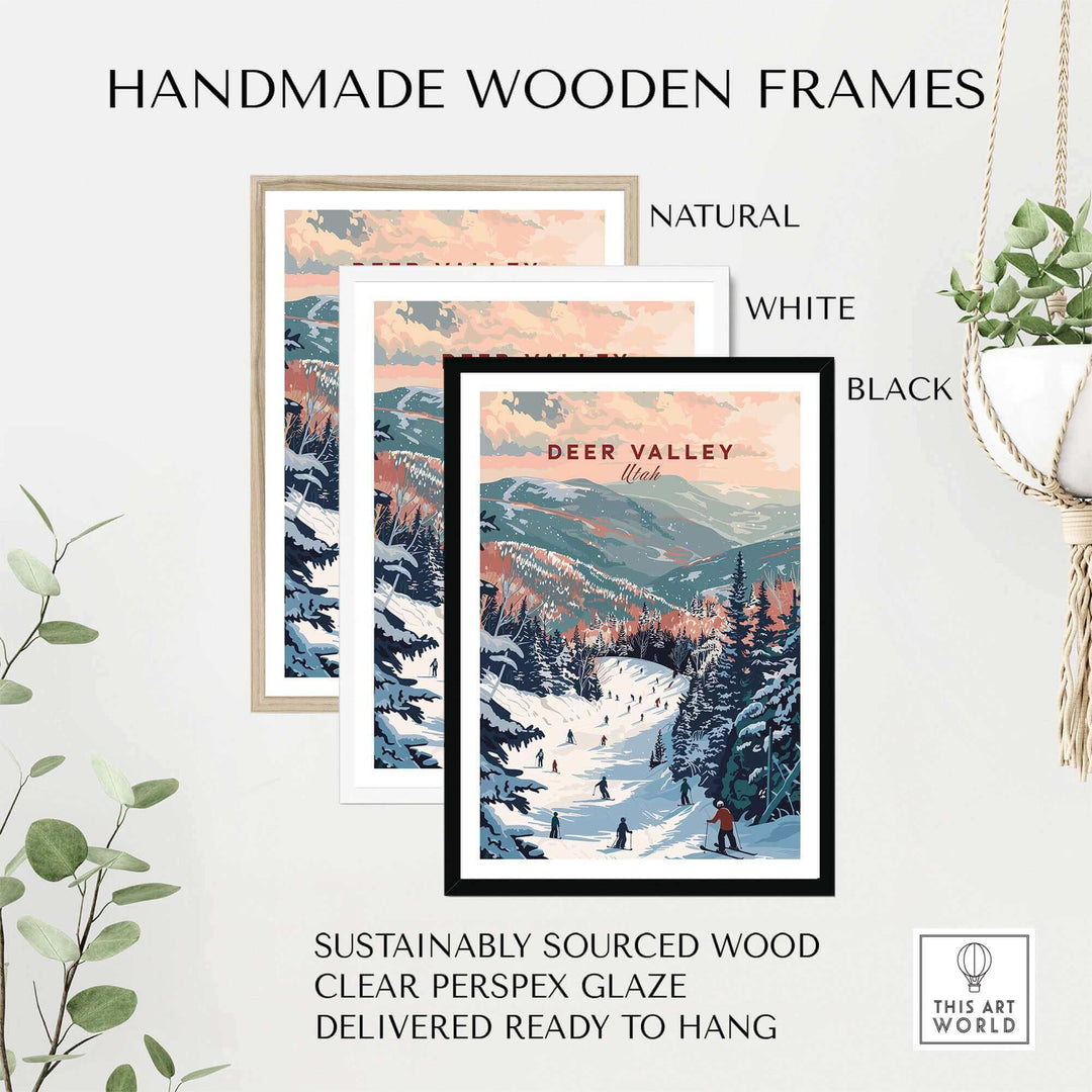 Handmade wooden frames in natural, white, and black for Deer Valley ski print, made from sustainably sourced wood.