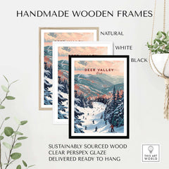 Handmade wooden frames in natural, white, and black for Deer Valley ski print, made from sustainably sourced wood.