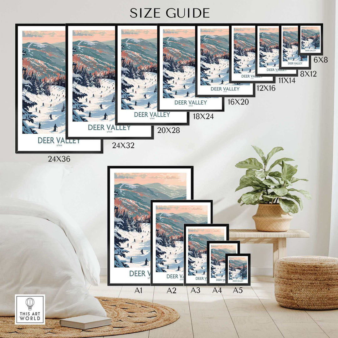 Size guide for Deer Valley travel poster, showcasing various sizes available for this vibrant ski art print.