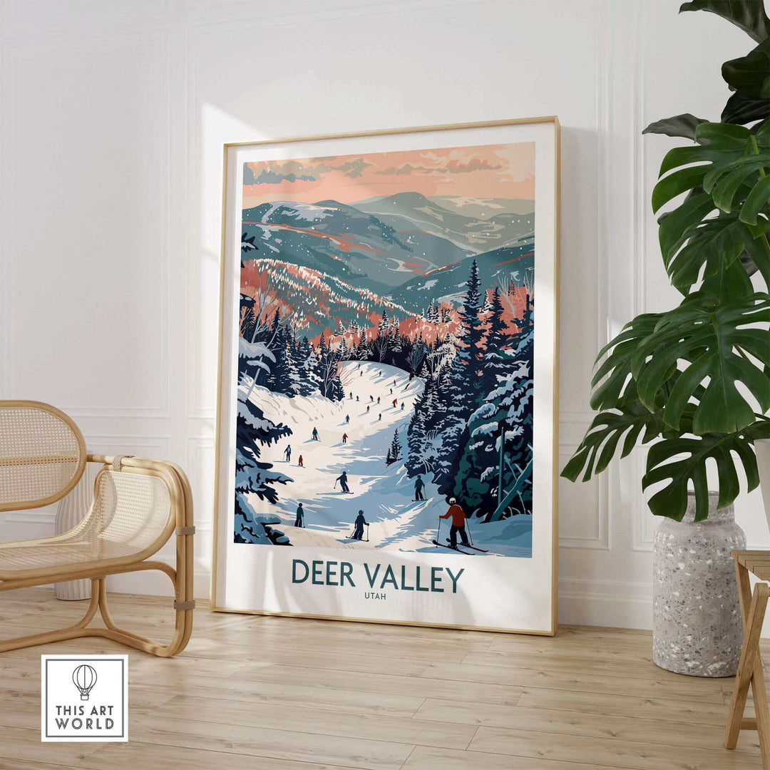 Vibrant Deer Valley travel poster showcasing skiers and snowy mountains, perfect for winter adventure decor in Utah.