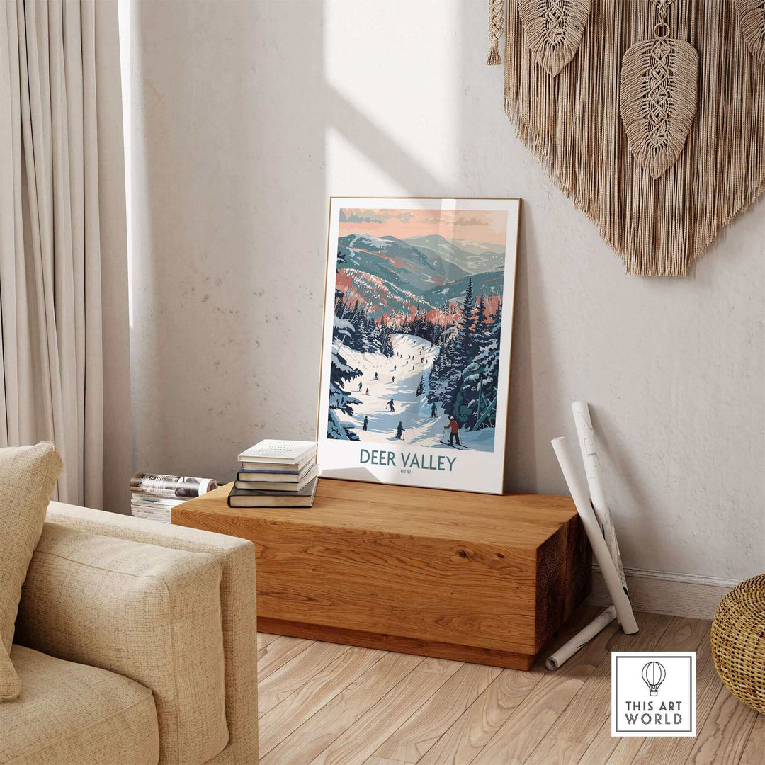 Deer Valley travel poster showcasing a ski scene in Utah, displayed in a cozy living room setting with modern decor.