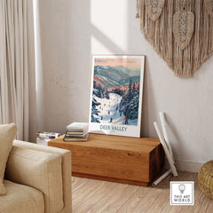 Deer Valley travel poster showcasing a ski scene in Utah, displayed in a cozy living room setting with modern decor.