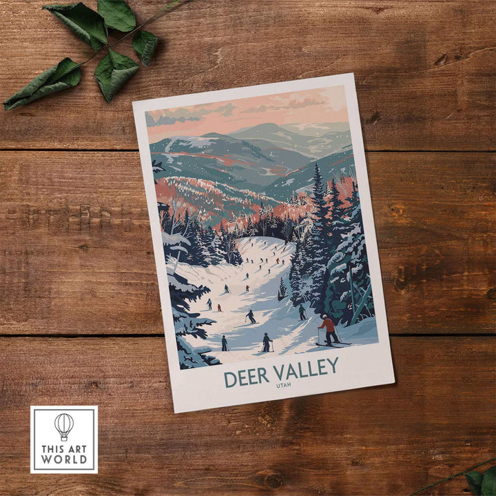 Deer Valley travel poster showcasing vibrant ski slopes and mountains in Utah, perfect for winter adventure décor.