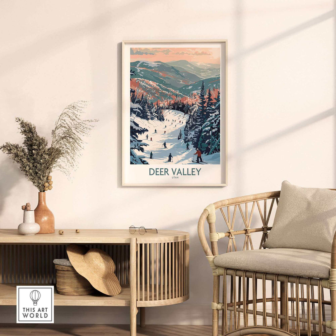 Deer Valley travel poster displayed in a stylish living room, showcasing a snowy ski scene in Utah. Perfect for winter adventure inspiration.