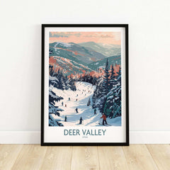 Deer Valley travel poster showcasing a snowy ski slope in Utah, perfect for winter adventure enthusiasts.