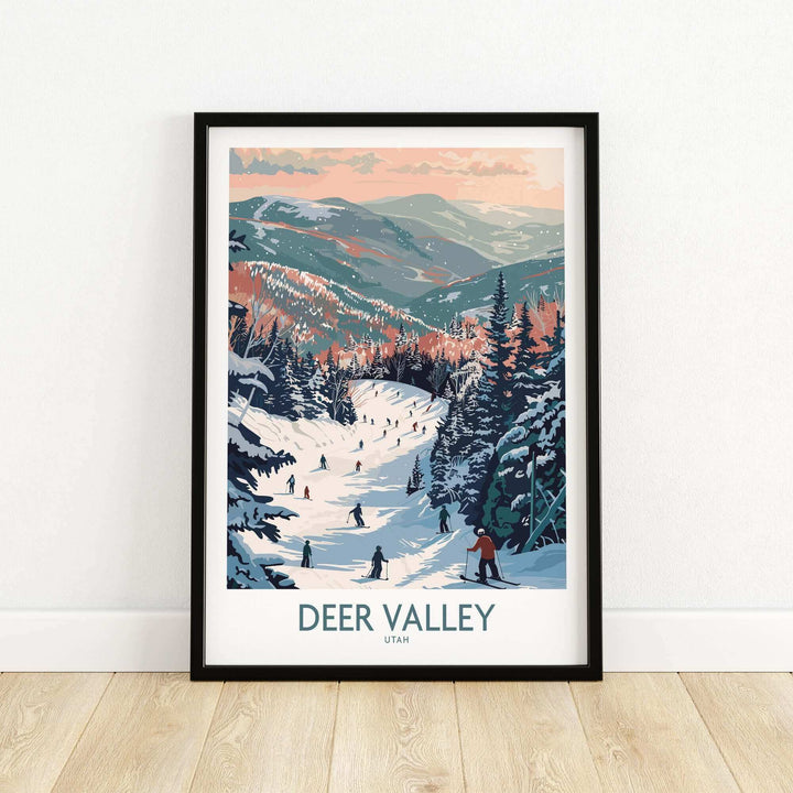 Deer Valley travel poster showcasing a snowy ski slope in Utah, perfect for winter adventure enthusiasts.