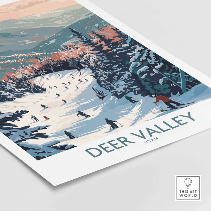 Vibrant Deer Valley travel poster showcasing a winter ski scene in Utah, perfect for home decor and ski enthusiasts.