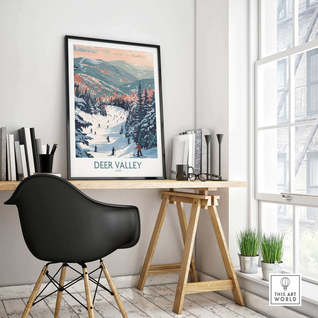 Deer Valley travel poster framed in a modern room, showcasing a vibrant winter ski scene in Utah. Perfect for ski enthusiasts.