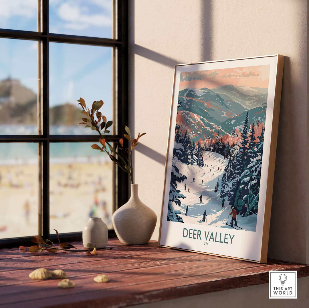 Deer Valley travel poster displayed on a windowsill, showcasing a scenic winter landscape and ski enthusiasts enjoying the slopes.