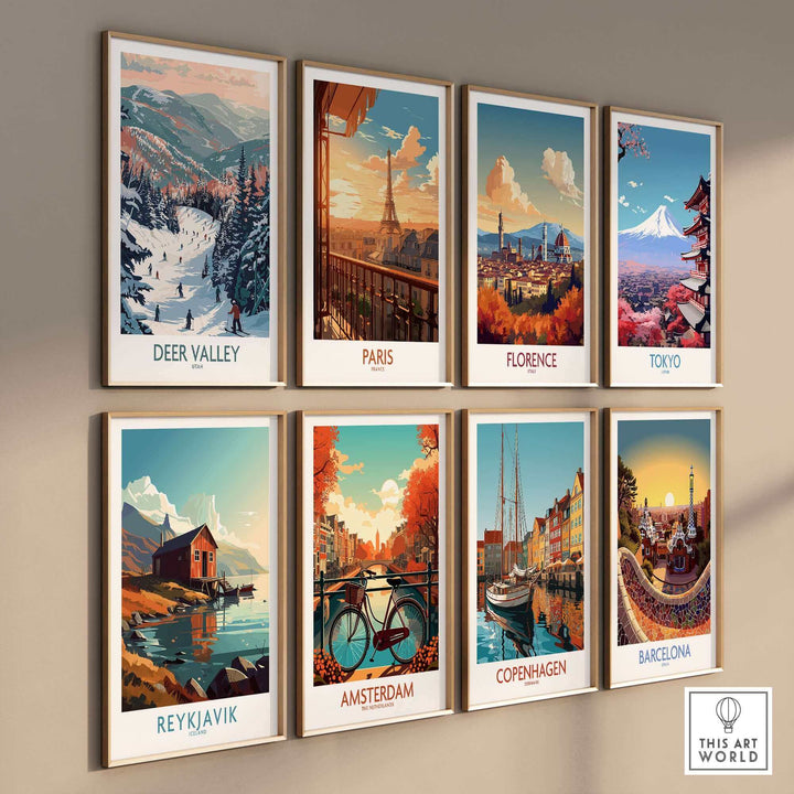 Colorful travel posters display iconic destinations including Deer Valley, Paris, and Tokyo, perfect for wall decor enthusiasts.