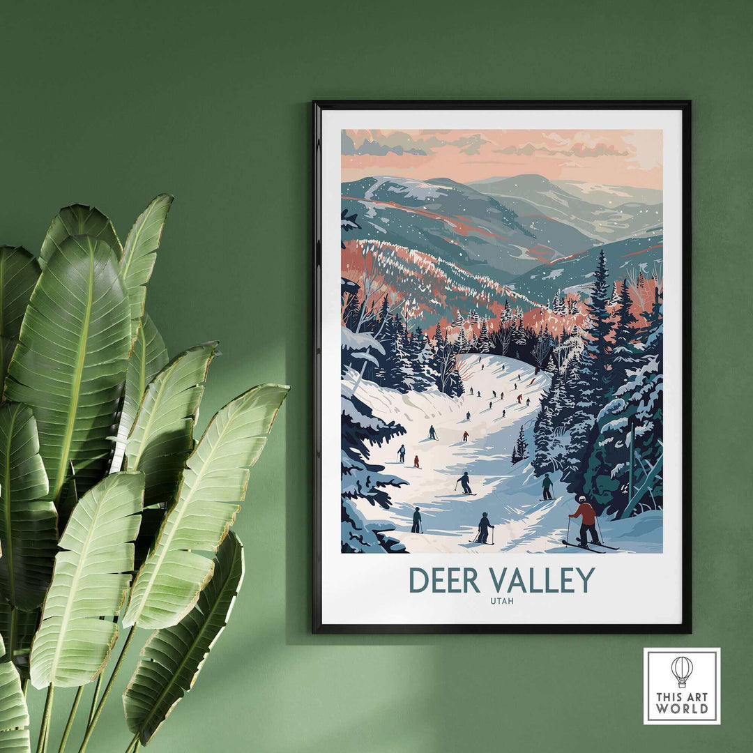 Deer Valley travel poster showcasing vibrant winter landscapes and ski activities in Utah. Ideal for ski enthusiasts and home décor.