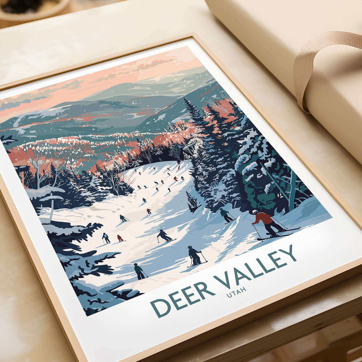 Deer Valley travel poster showcasing skiers on snow-covered slopes in Utah, perfect for winter adventure inspiration.