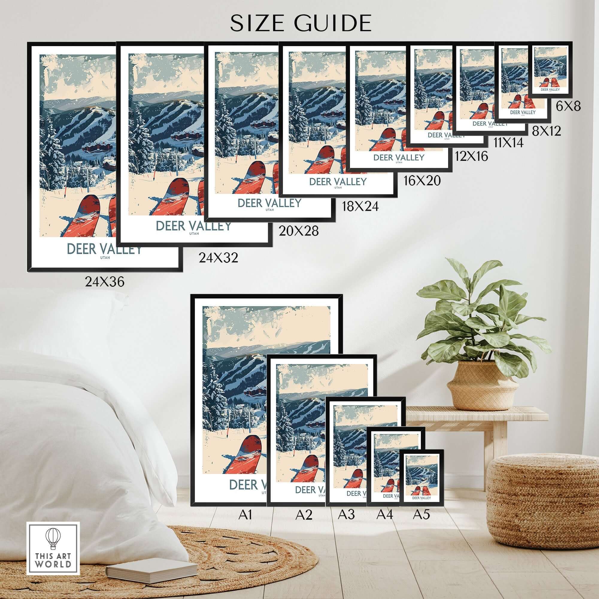 Deer Valley Wall Art size guide showing various frame sizes for Deer Valley ski poster decor