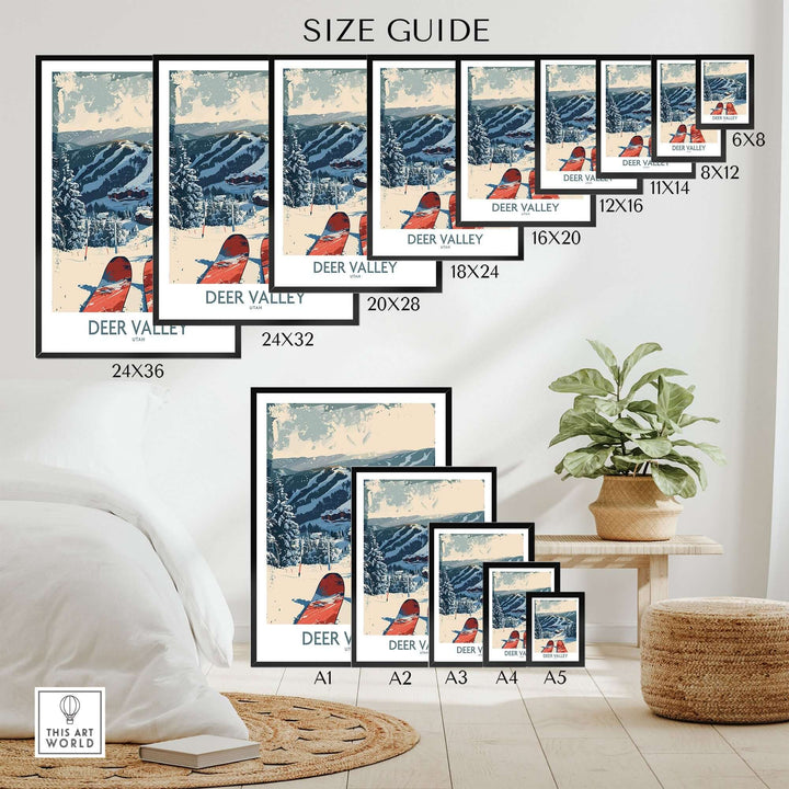 Deer Valley Wall Art ski poster size guide displayed in various dimensions on a wall for home decor inspiration.