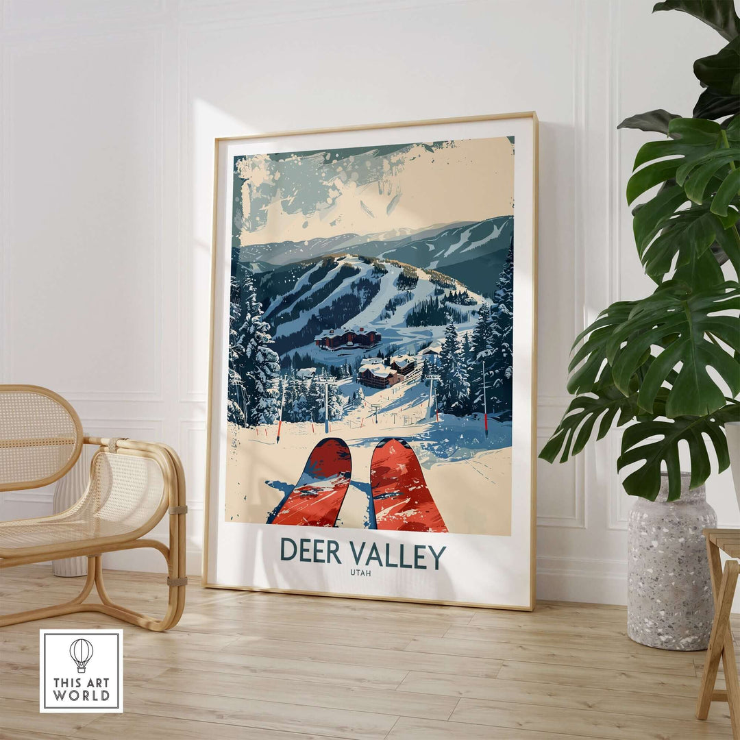 Vintage Deer Valley ski poster wall art in modern living room setting with plants.