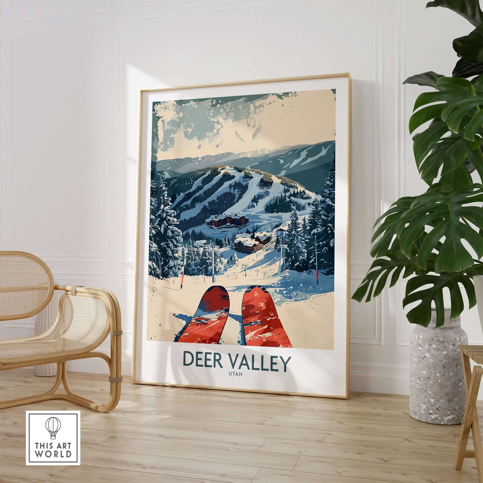 Deer Valley Wall Art showcasing a snowy mountain landscape with ski equipment, ideal for winter decor and adventure inspiration.