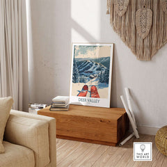 Deer Valley Wall Art featuring a vintage ski poster displayed in a cozy living room environment.