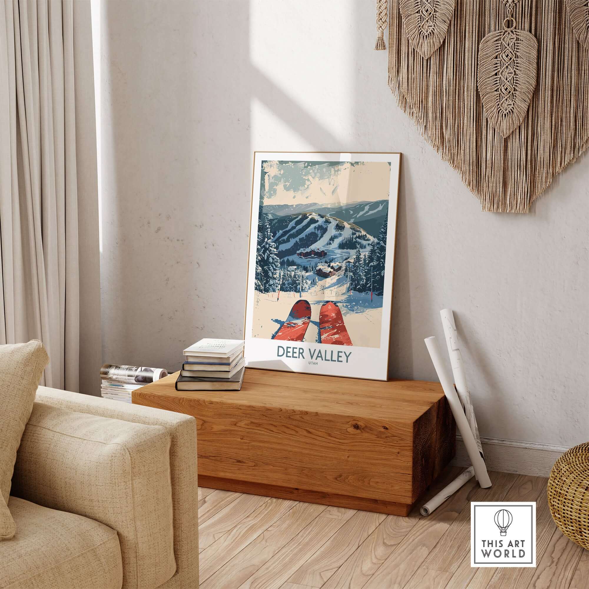 Deer Valley Wall Art featuring a vintage ski poster displayed in a cozy living room environment.