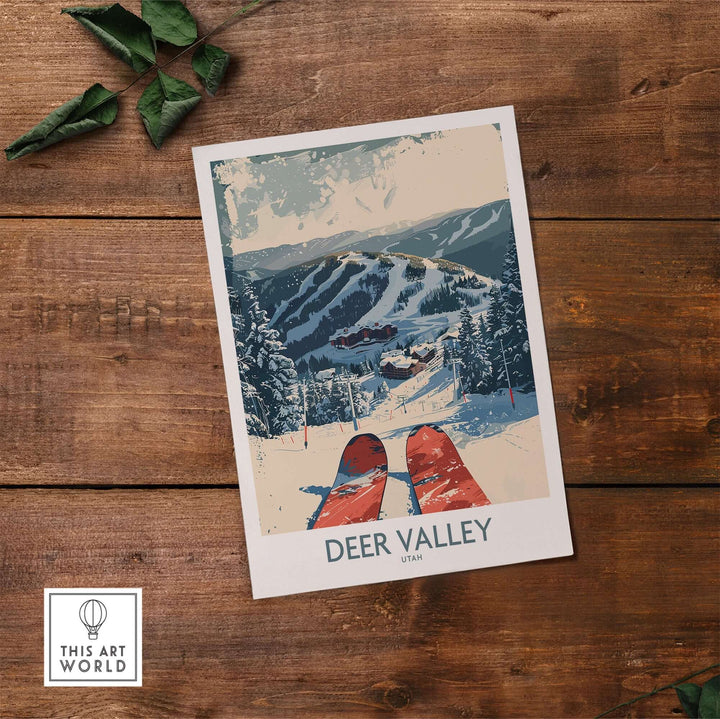 Deer Valley ski poster on rustic wooden table, showcasing snowy mountain scenery with skis in the foreground.