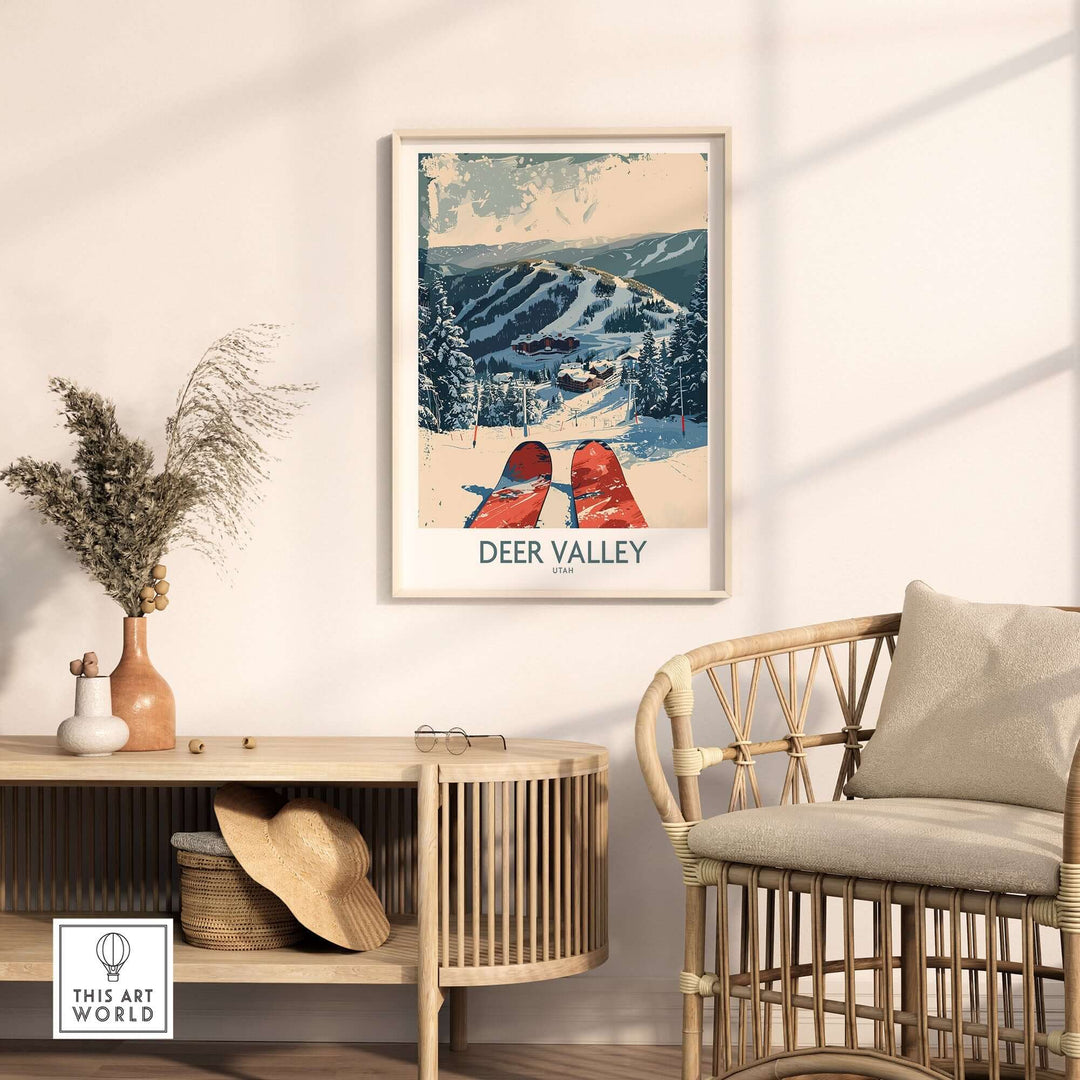 Deer Valley wall art ski poster displayed in cozy living room setting with wicker chair and side table.