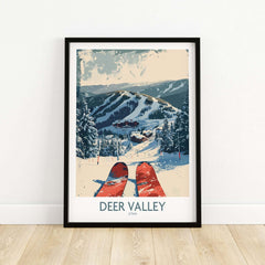 Deer Valley Wall Art ski poster featuring snowy mountains and skis in a winter landscape.