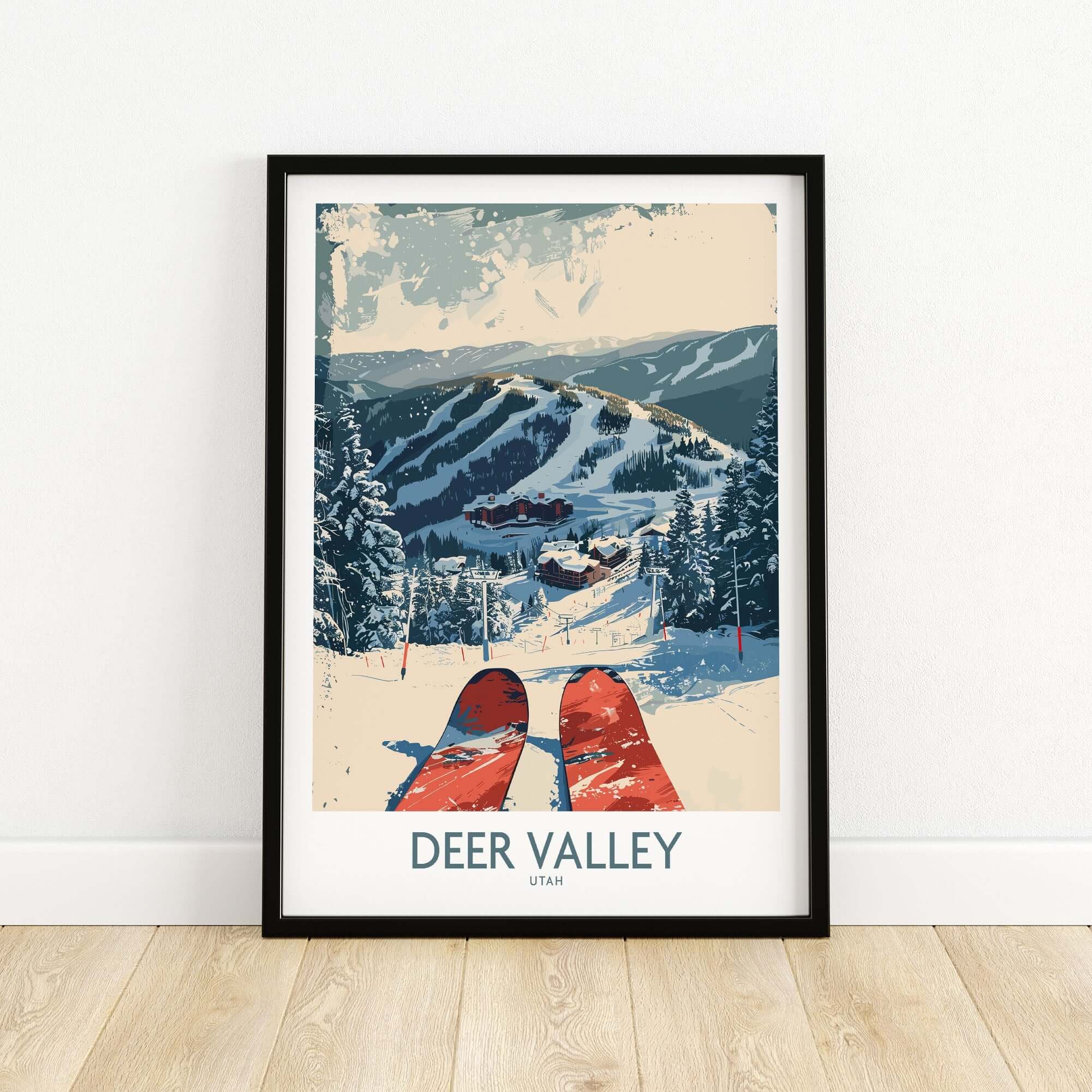 Deer Valley Wall Art ski poster featuring snowy mountains and skis in a winter landscape.
