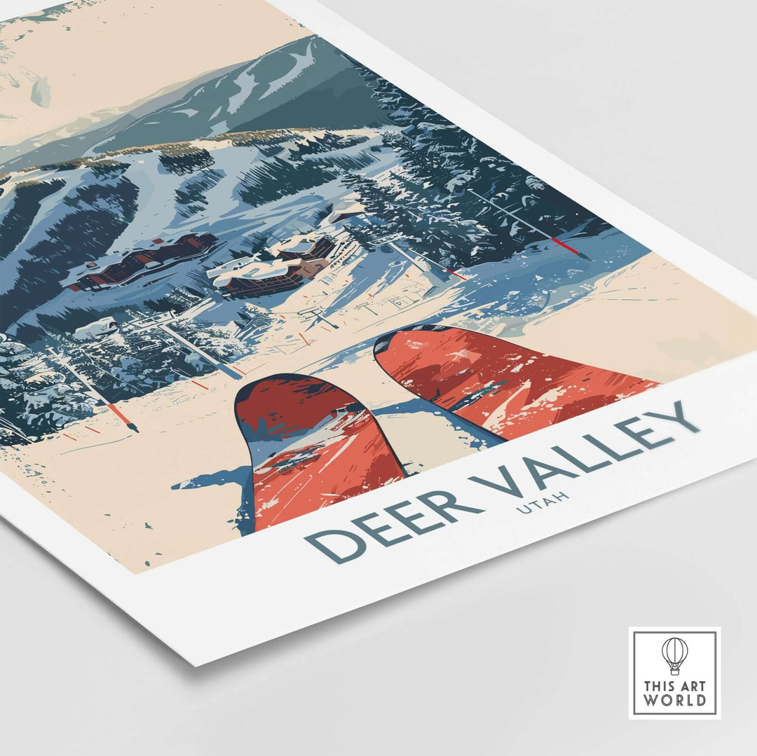 Scenic Deer Valley ski poster featuring snow-covered mountains, skis in the foreground, and Deer Valley text at the bottom.