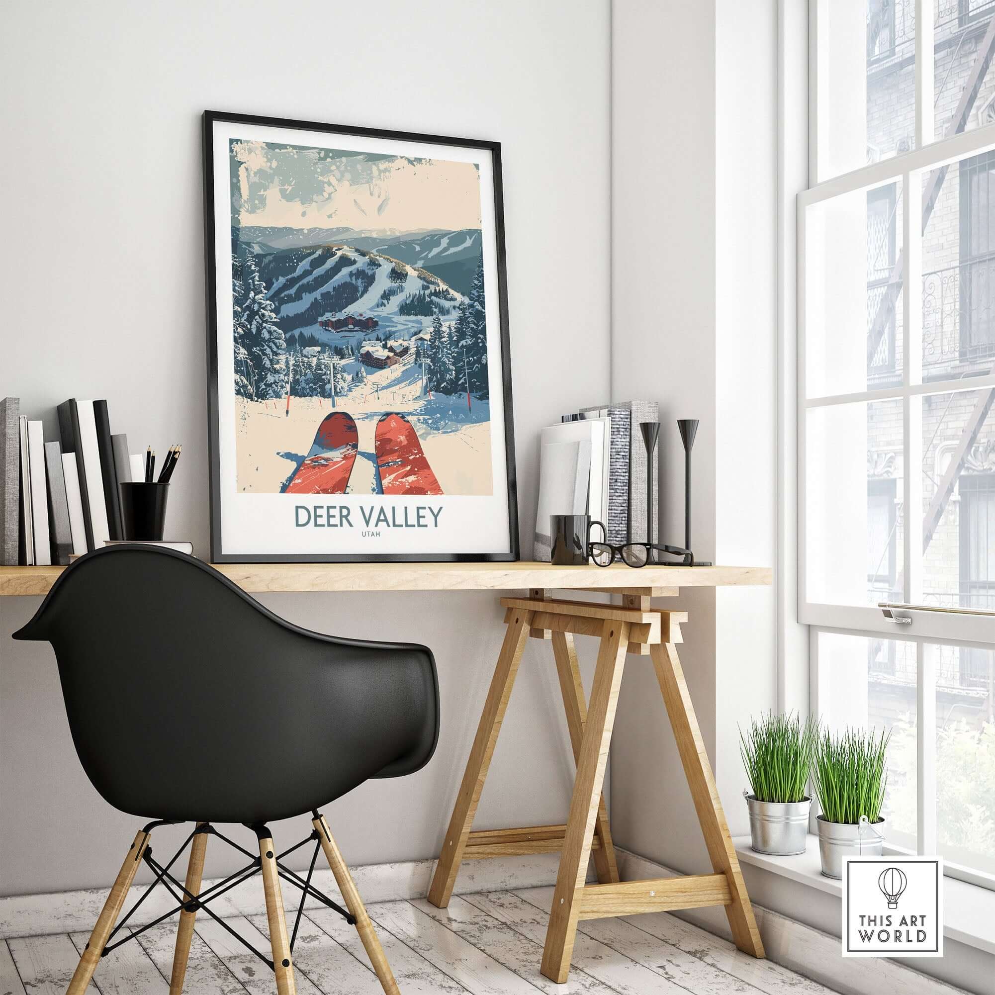 Deer Valley Wall Art featuring a ski poster in a modern room decor, inspiring adventure and winter beauty.