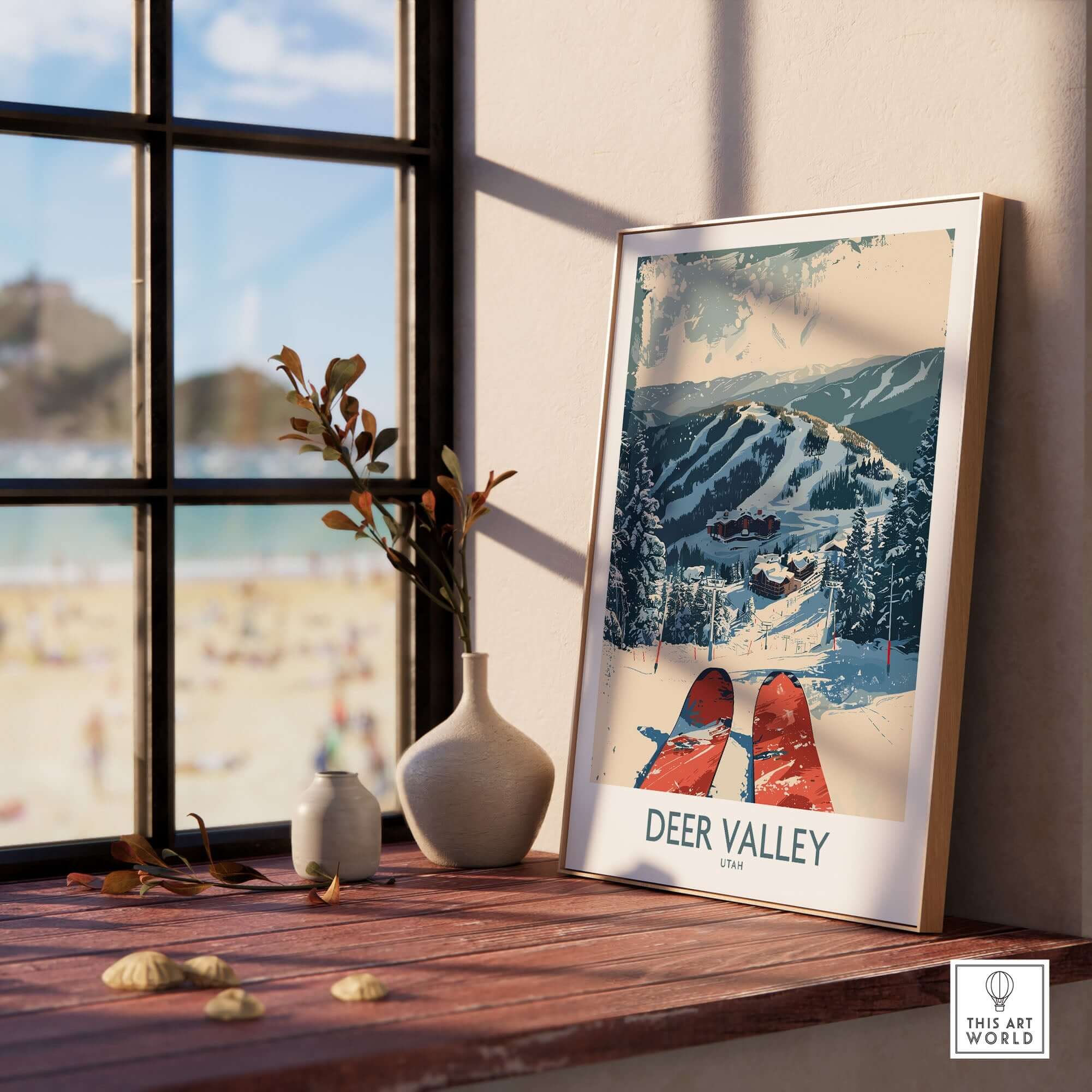 Deer Valley Wall Art poster featuring ski slopes with a scenic mountain view in a cozy room setting.