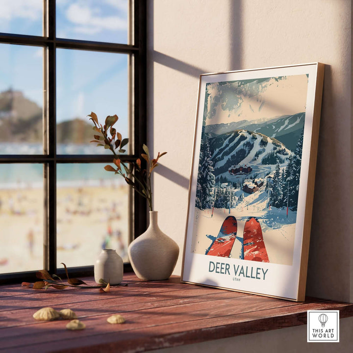 Vintage Deer Valley ski poster displayed on a windowsill with beach view in the background, featuring snowy mountain slopes.