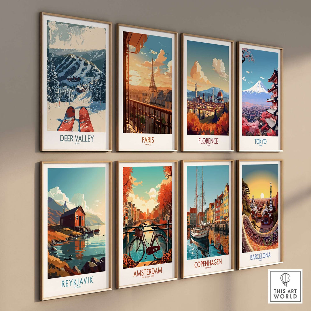 Wall displaying eight travel posters featuring Deer Valley ski resort, Paris, Florence, Tokyo, Reykjavik, Amsterdam, Copenhagen, and Barcelona.