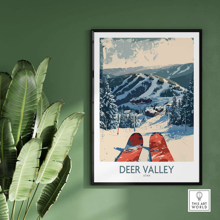 Vintage-style Deer Valley ski poster wall art showcasing snowy mountains, framed and displayed on a green wall with a plant.