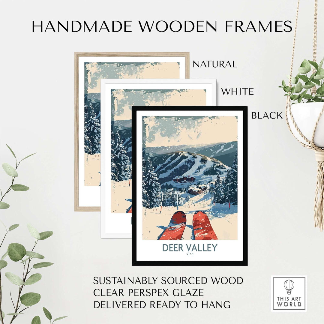 Ski Poster of Deer Valley with Handmade Wooden Frames in Natural, White, and Black, Sustainably Sourced and Ready to Hang