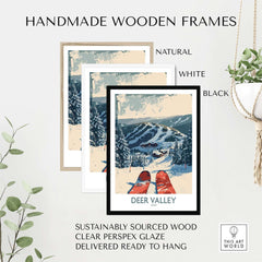 Deer Valley Wall Art displayed in handmade wooden frames, showcasing snowy mountain landscapes and vibrant ski colors.